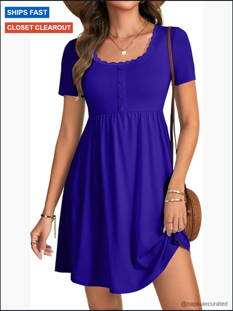 Scoop Neck High Waist Lace Trim Mini Dress Short Sleeve A-Line